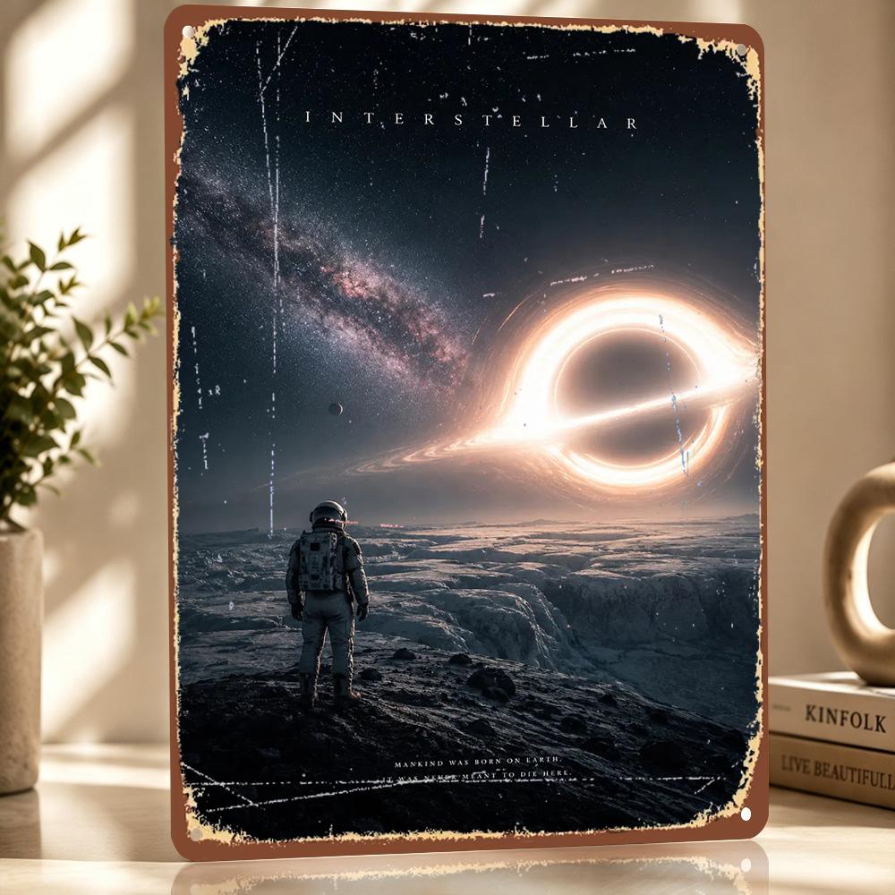 Interstellar Astronaut and Black Hole D Texture Printed Poster Custom Vintage Metal Tin Plate Sign for Wall Art Decoration Room