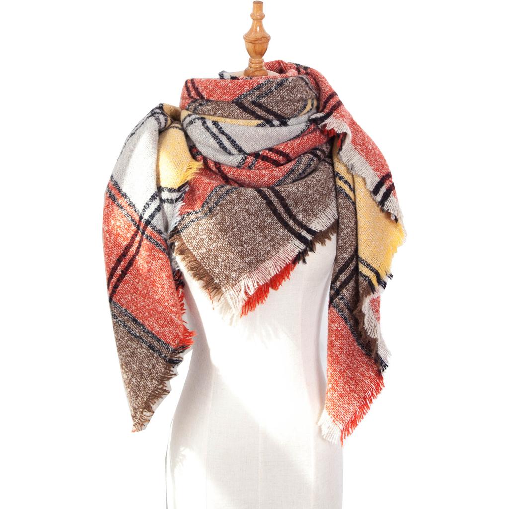 Осенне-зимний шарф с кисточками, женский клетчатый теплый треугольный платок