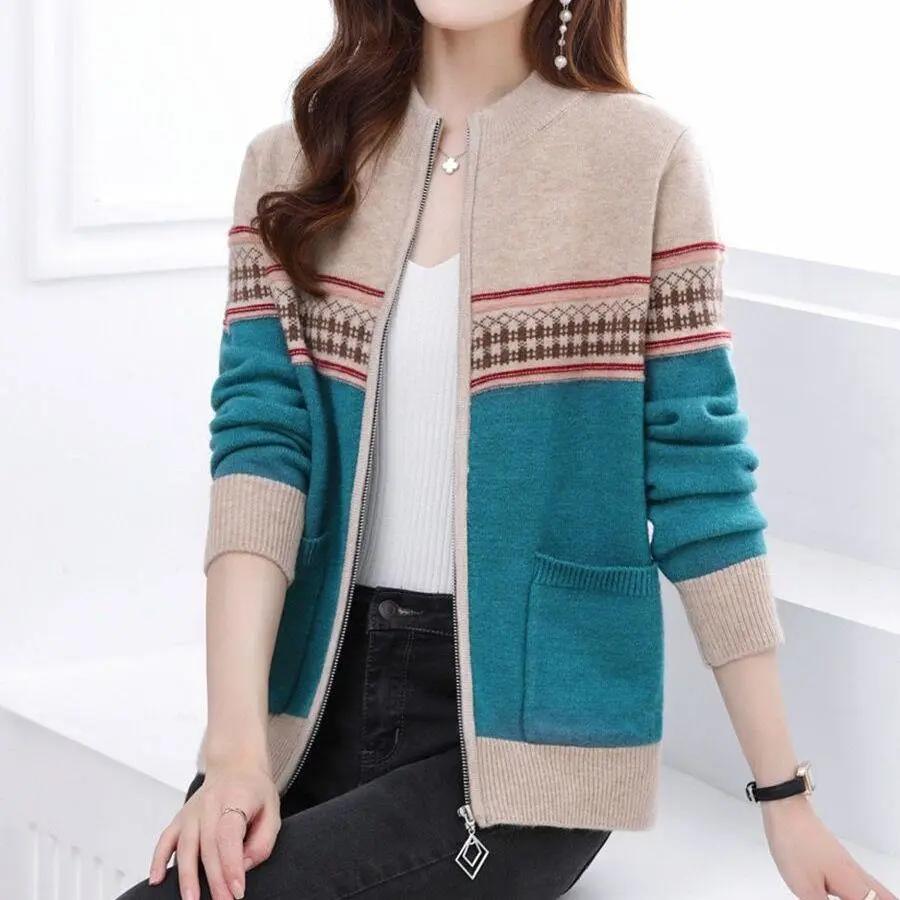 Spring and Autumn Style Color Blocked Small Coat Lady Sweaters Simplicity Printing Patchwork Pocket Zipper Casual Loose Long Sleeve Women's Clothing