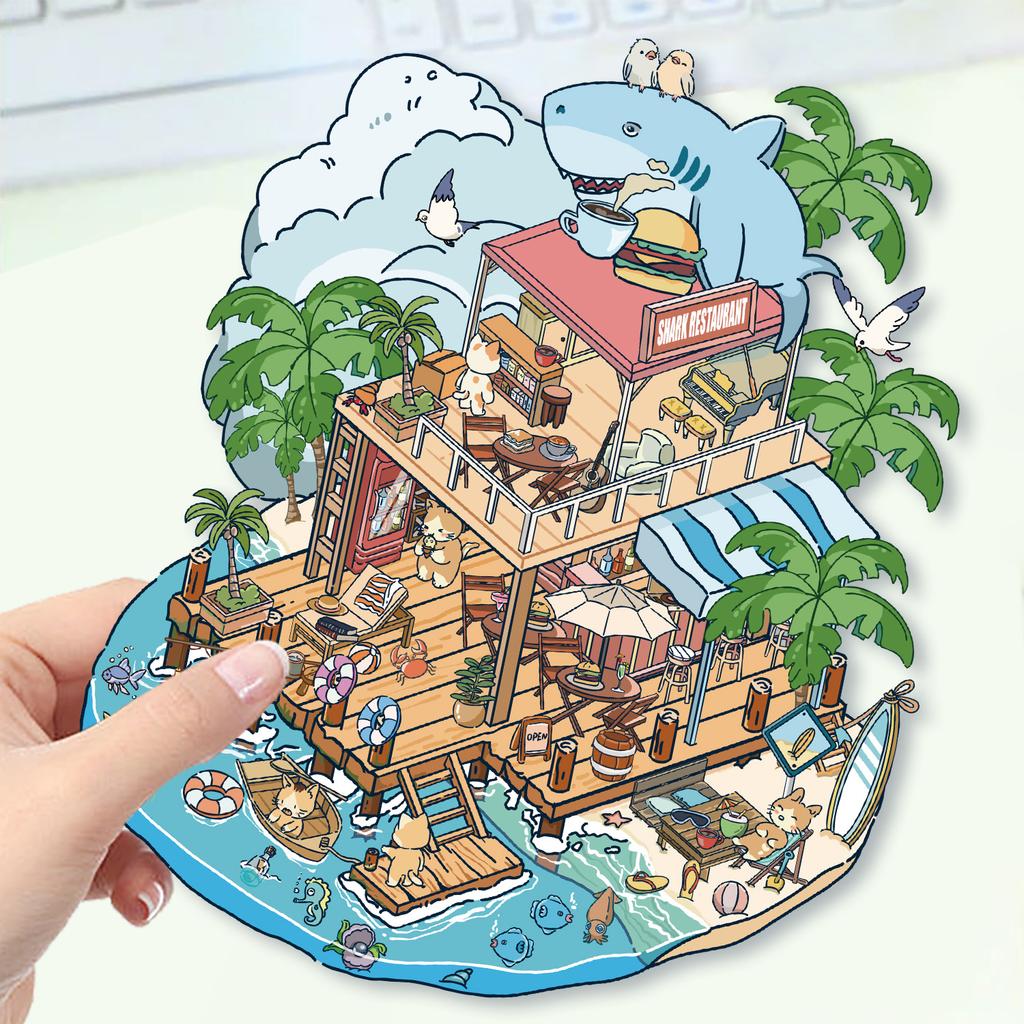 Cartoon Landscape Stickers Multiple Miniature World 3D Hut Unzip DIY Scene Manual Post