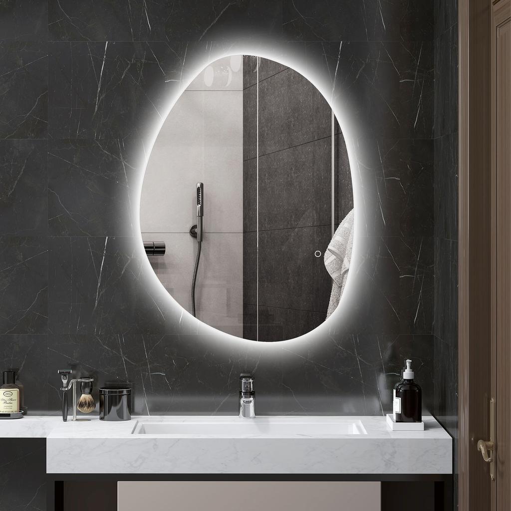Illuminated Bathroom Mirror, Asymmetrical Shape, 80 x 60 cm, LED Lights, 3 Light Colors, Anti-Fog Function, Silver