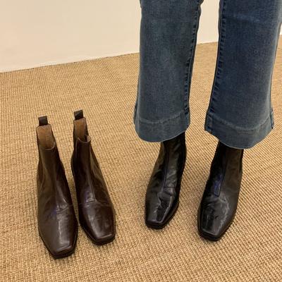 Очень удобно~! Простые квадратные сапоги с толстым каблуком, эластичные короткие сапоги, ботинки Martin, универсальные ботинки Chelsea