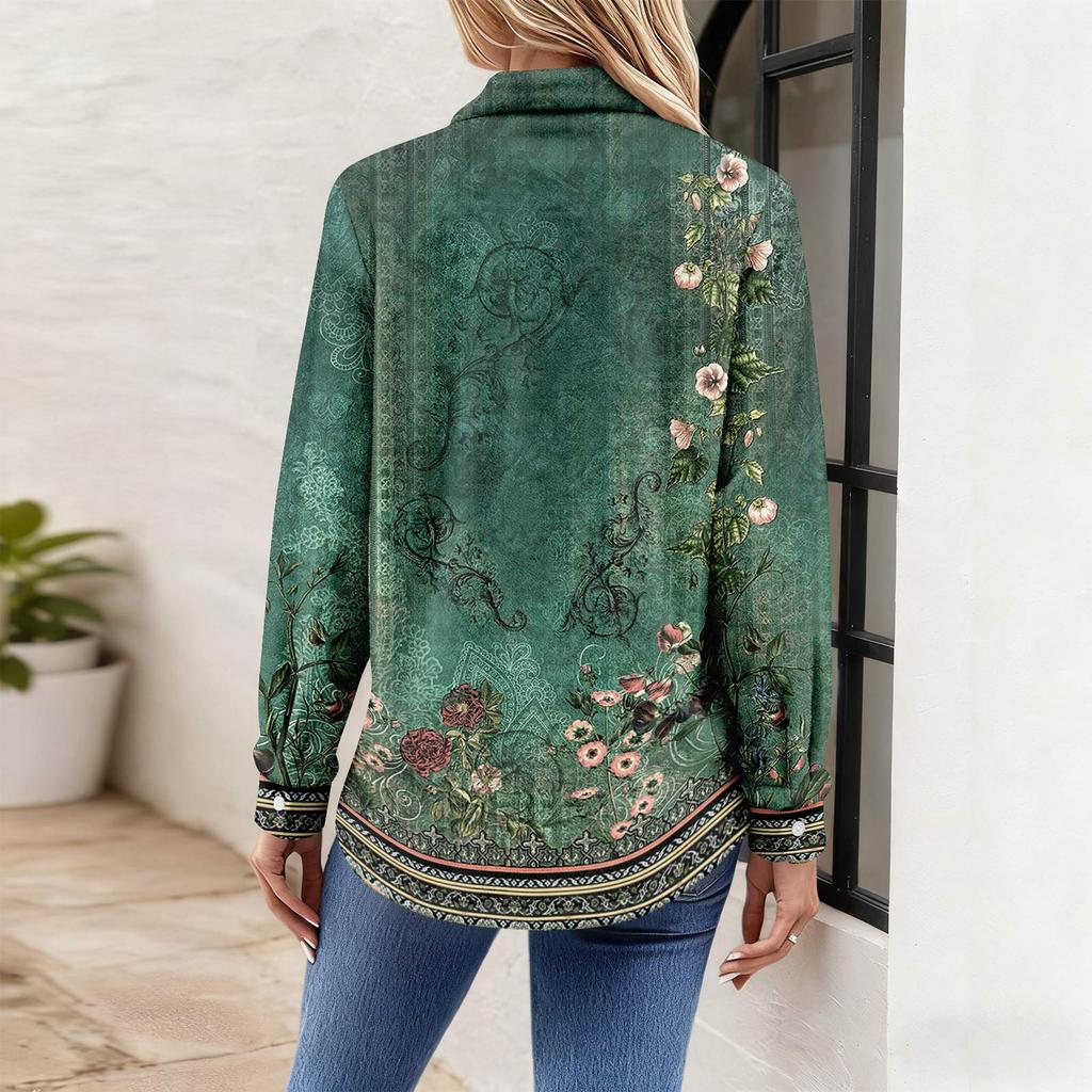 Женская рубашка-блузка с принтом и пуговицами, длинный рукав, повседневный базовый рубашечный воротник, обычный топ