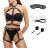 MONEON Bondage Faux Leather Body Top and Eye and Chains Women's 5-Piece Set Harness, Bottoms, Handcuffs, Mask,