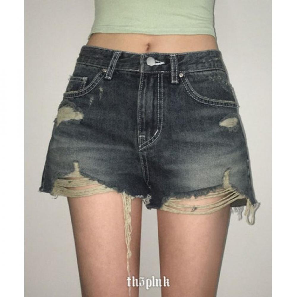 The Pink High Waist Damage Cut Denim Shorts