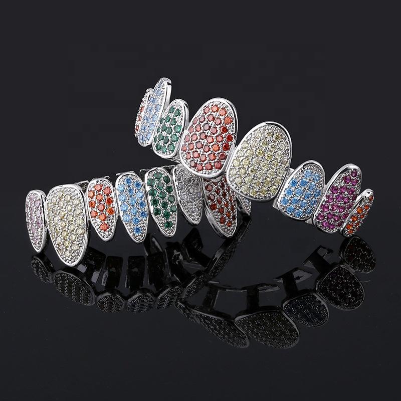 Bling Bling Rainbow CZ Zircon Paved Teeth Grillz Colorful Ice Bars Top Bottom Hip Hop Body Jewelry for Weddings