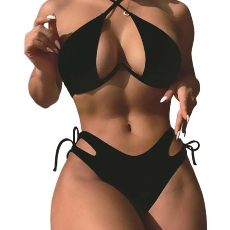 Женский купальник, стильный женский летний комплект бикини с бюстгальтером на шее, трусы с высокой талией и шнуровкой, быстросохнущий купальный костюм для пляжа