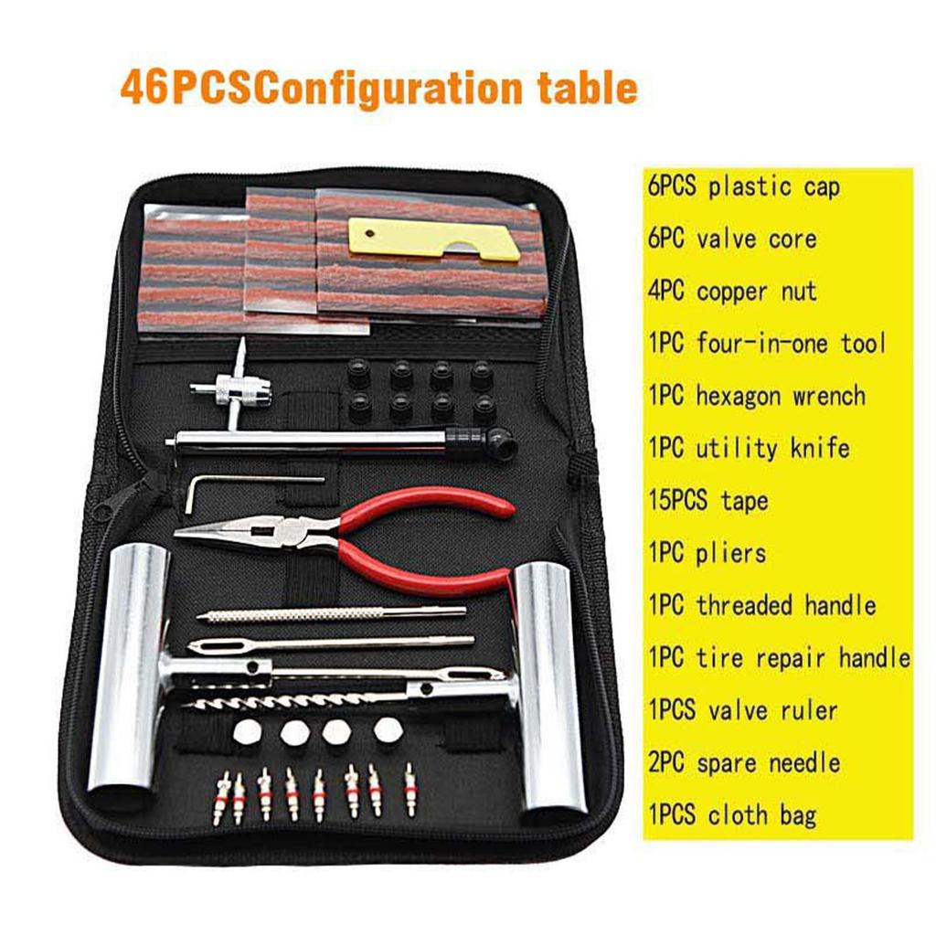 Car Tool Kit 46pcs Emergency Tire Repair Complete Kit Workshop Repair Mechanical Auto Pneumatic Q7K6
