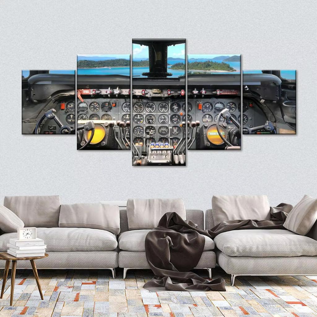 5 Panel Aircraft Cockpit Wall Art Canvas Painting Airplane Interior Scenery Poster Modern Living Room Bedroom Modular No Frame