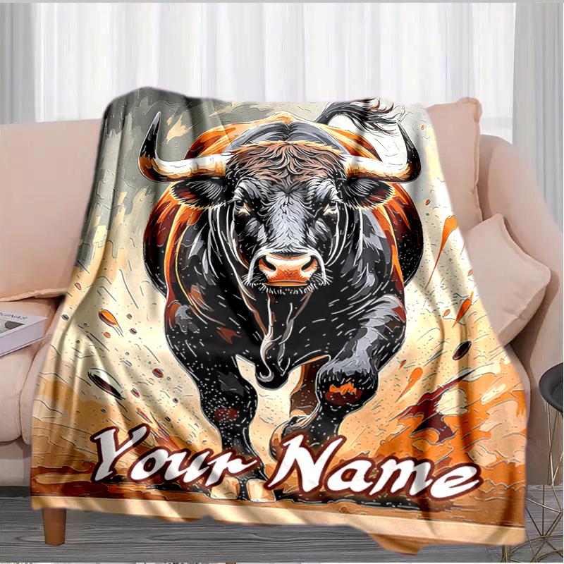 1PC Custom Name Bull Power Artwork flannel blanket versatile,all-season throw suitable for the living room,bedroom,camping,travel,and gift