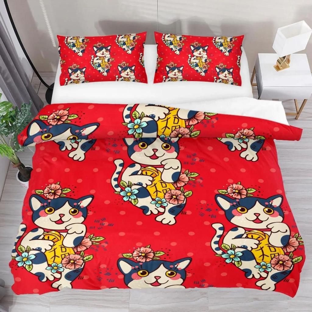 Japanese Lucky Cat Quilt Cover Set Japanese Cute Bedding Set With Pillowcase Quilt Cover Three-Piece Set
