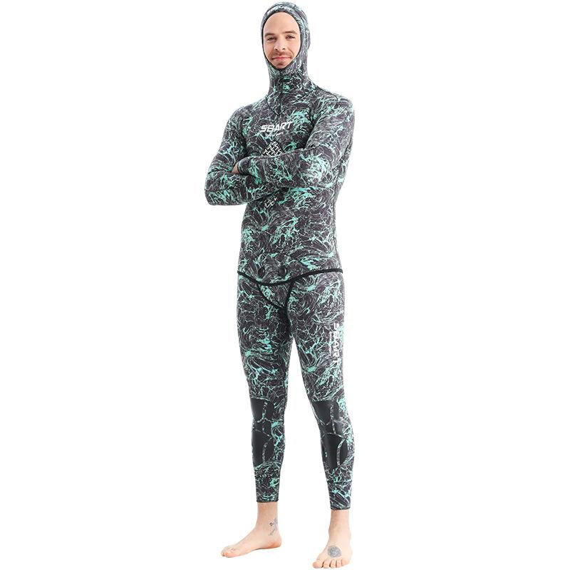 3mm Neoprene Camouflage Wetsuit Long Sleeve Fission Hooded 2 Pieces of Neoprene Submersible for Men Keep Warm Suit