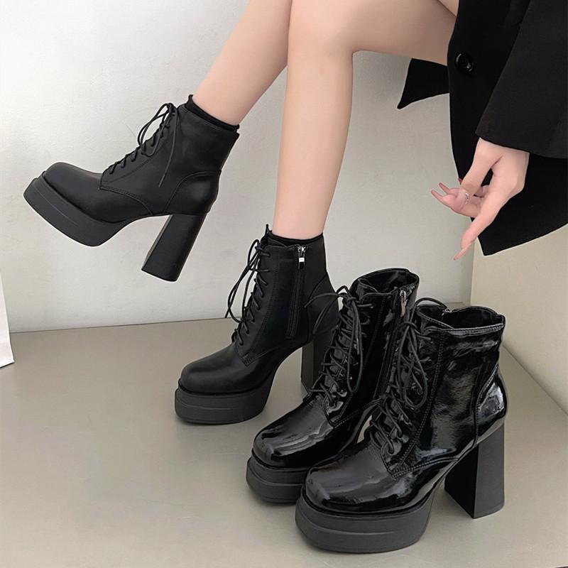 Модные высококачественные черные ботинки на толстом каблуке, женские кожаные ботинки на платформе и высоком каблуке, женские ботинки на шнуровке, с застежкой-молнией, квадратные ботильоны Botas