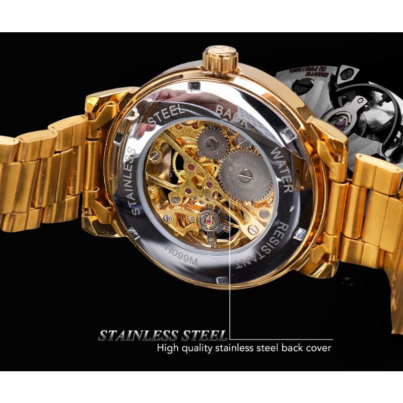 Forsining Часы Мужские модные повседневные золотые часы со стальным ремешком скелетонизированные механические часы