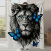 1pc Lion & Butterfly Print Flannel Blanket - Heavyweight 140-160gsm Soft Plush All-Season Luxury Bedspread, Machine Washable Lux