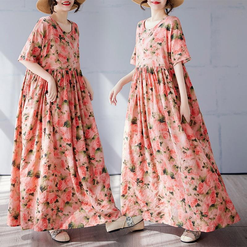 Простое богемное длинное платье лето новое полнящее плюс короткий рукав круглый вырез платье с принтом женская одежда
