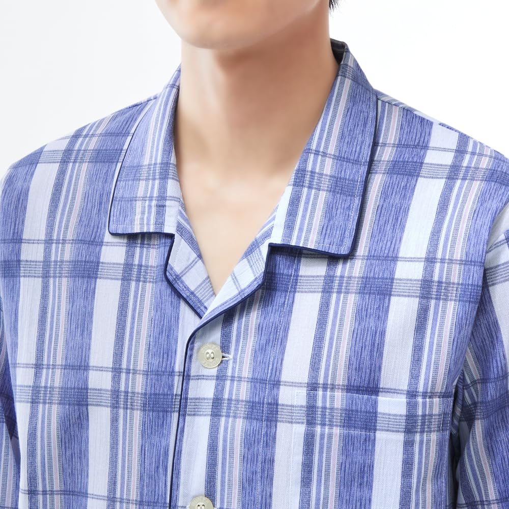 Gunze Хлопковый с длинным рукавом Натуральный темно-синий Размер S Мужской 100% Пижама, Влагоотводящая, Быстросохнущая, Брюки, Спереди на пуговицах, Креп, Влагоотводящая,