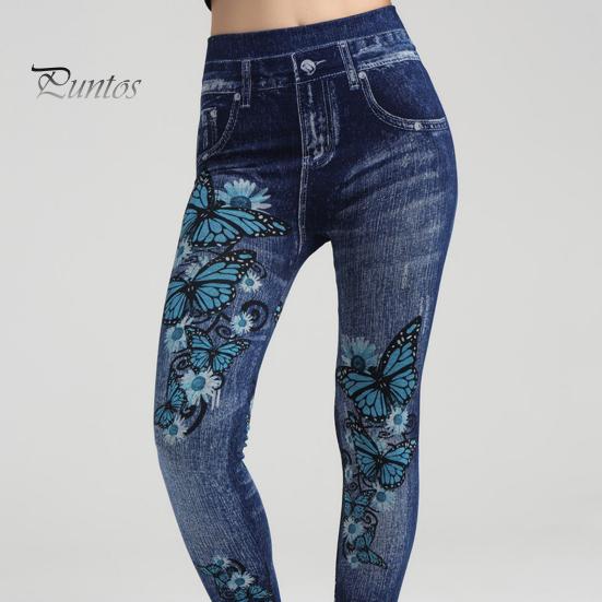 Fitness Pants High Waist Multi Pockets Butterflies Floral Print Leggings Push Up Imitation Jeans Skinny Women Yoga Activewear Sports
