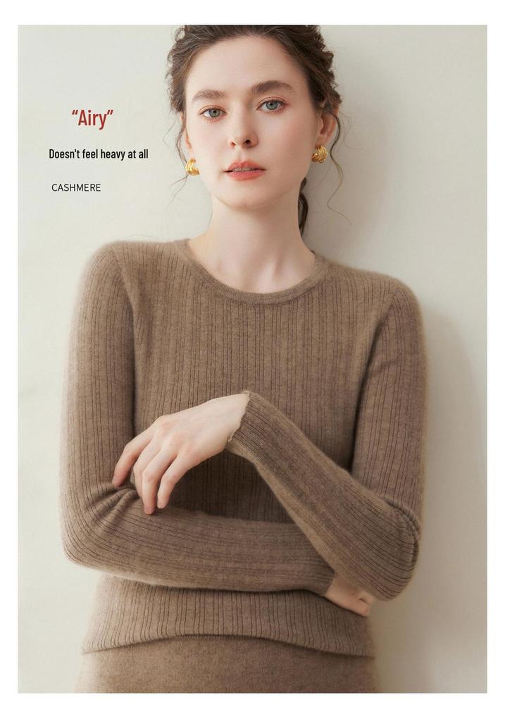 Women's 100% Pure Cashmere Slim Fit Round Neck Sweater, Autumn/Winter Knitted Pullover