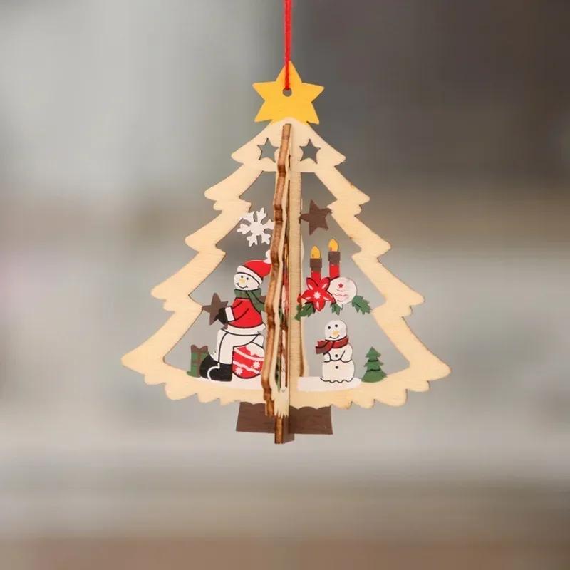 Christmas Decorations Wooden Hollow Out Christmas Tree Pendant Five-pointed Star Bell Snowman Drop Ornament Festival Home Decor