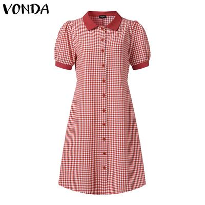 Летний женский сарафан с отворотом и коротким рукавом в клетку с заниженной талией