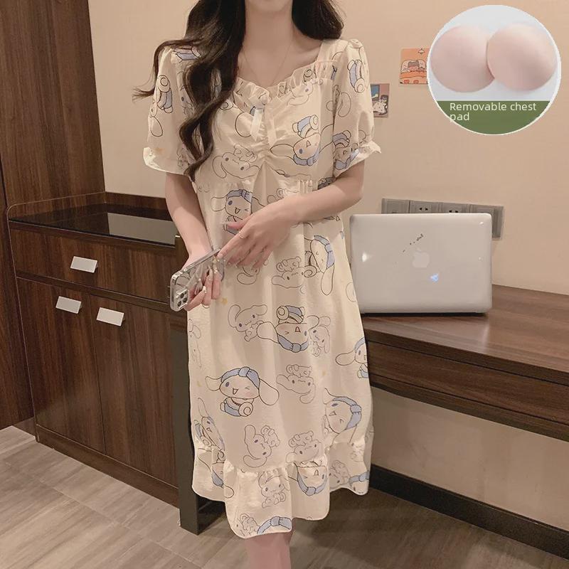 Ночная рубашка с короткими рукавами и нагрудной подкладкой 2024 года – Милый хлопковый облачный стиль в стиле мультяшной принцессы