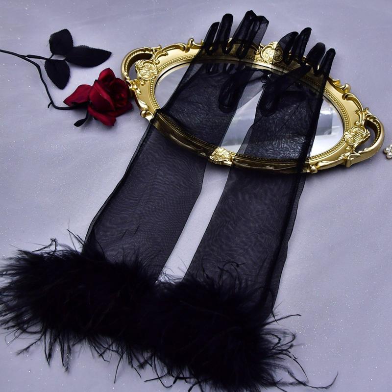 Fashion Thin Bridal Etiquette Gloves Stage Feather Sleeves Long Stretchy Elbow Tulle Opera Gloves Costume Evening Party Gloves