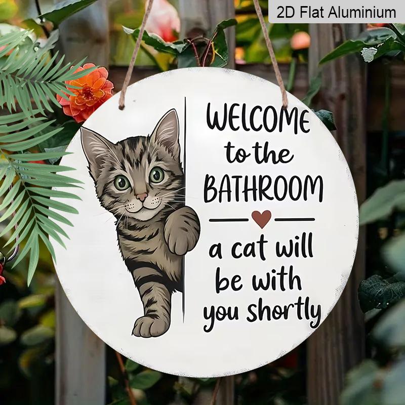 2D Flat Aluminum Retro Cat Welcome Sign for The Bathroom, Measuring 7.87 X 7.87 Inches. Perfect for Home Decor, Bedroom Decor, Gyms, Bars, and Other