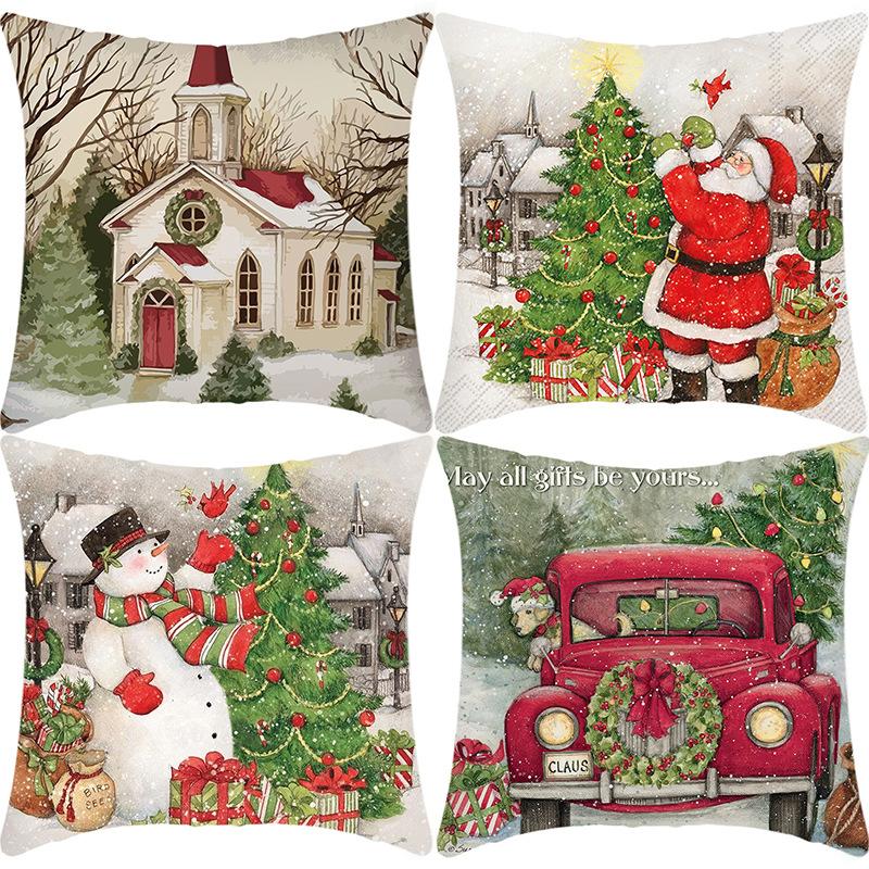 New Christmas Snowman Santa Claus Line Print Pillow Home Sofa Cushion Cover