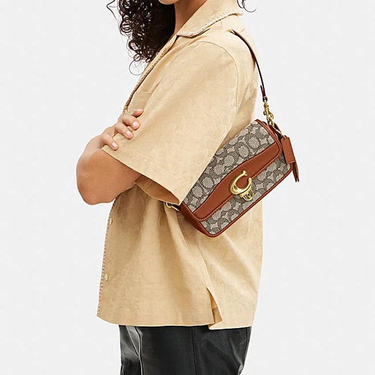 New COACH Studio Cow Leather With Textile Baguette Bag Handbag Shoulder Bag Women's Brown & Gray CJ860-B4TA7