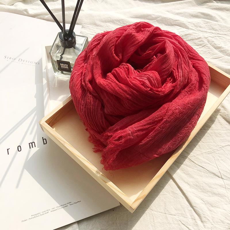 Vintage Crinkle Cotton Linen Scarf for Men Women Solid Color Autumn Winter Warm Pashmina Fringed Edge Soft Shawls and Wraps