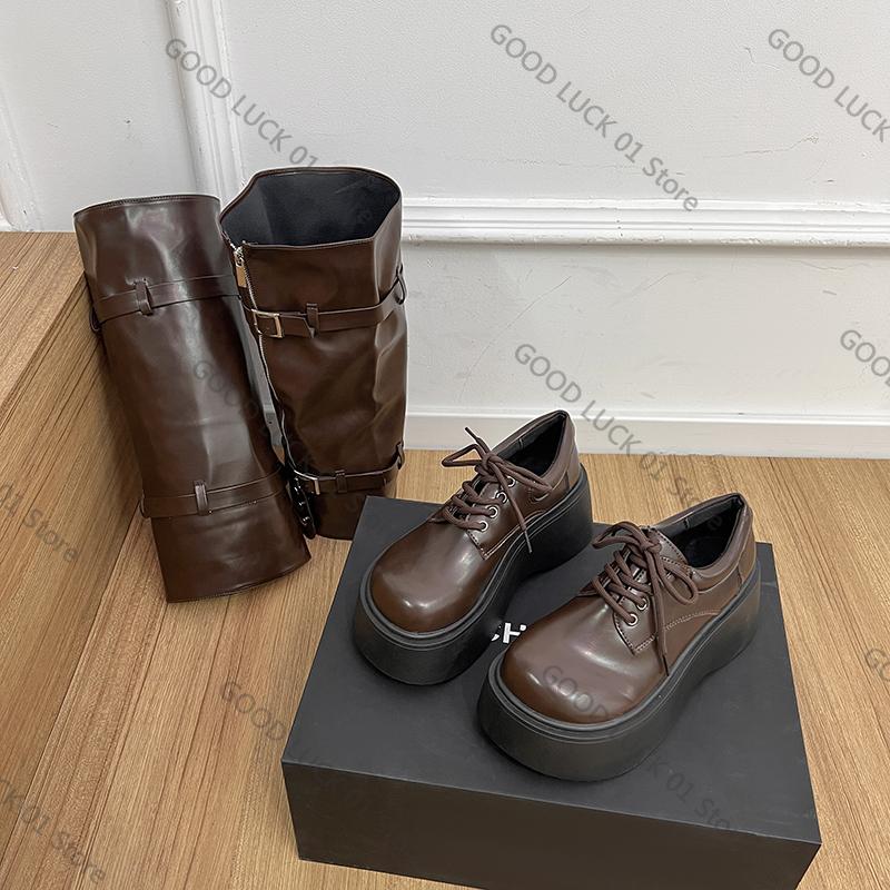 Мода 2025 Осень Зима Массивный Стиль Женские Сапоги до Колена Модные Съемные Женские На Толстом Каблуке Длинные Ботильоны