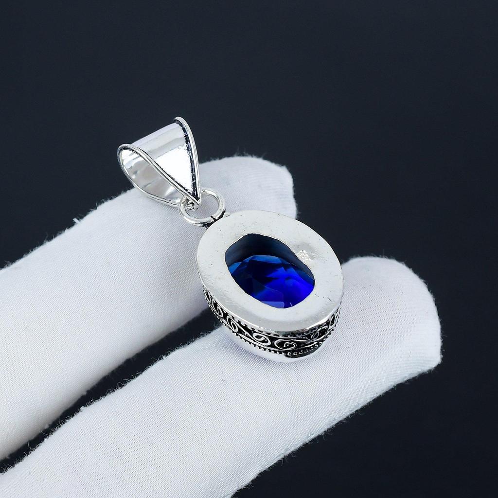 Dainty Blue Sapphire Gemstone Silver Pendant In 925 Sterling Silver - Handmade Oval Design, Everyday Wear Jewelry Party Wear Gift