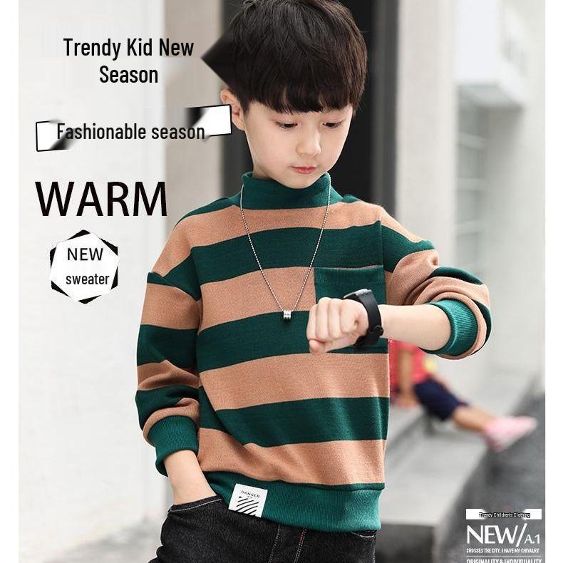 Boys' High-Neck Fleece Sweater - Thick Knitted, Trendy Base Layer for Autumn/Winter 2025