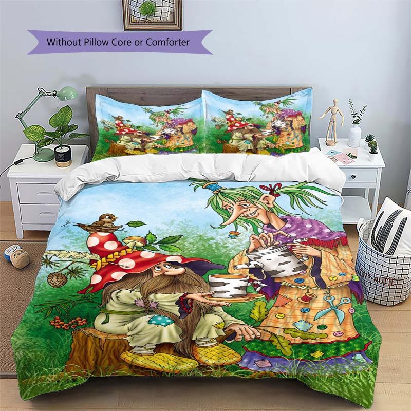 Forest Fantasy Gnome Witch Fairy Tale Art Print 3‑Piece Bedding Set Duvet Cover With Pillowcases for Bedroom Home Textile Decor
