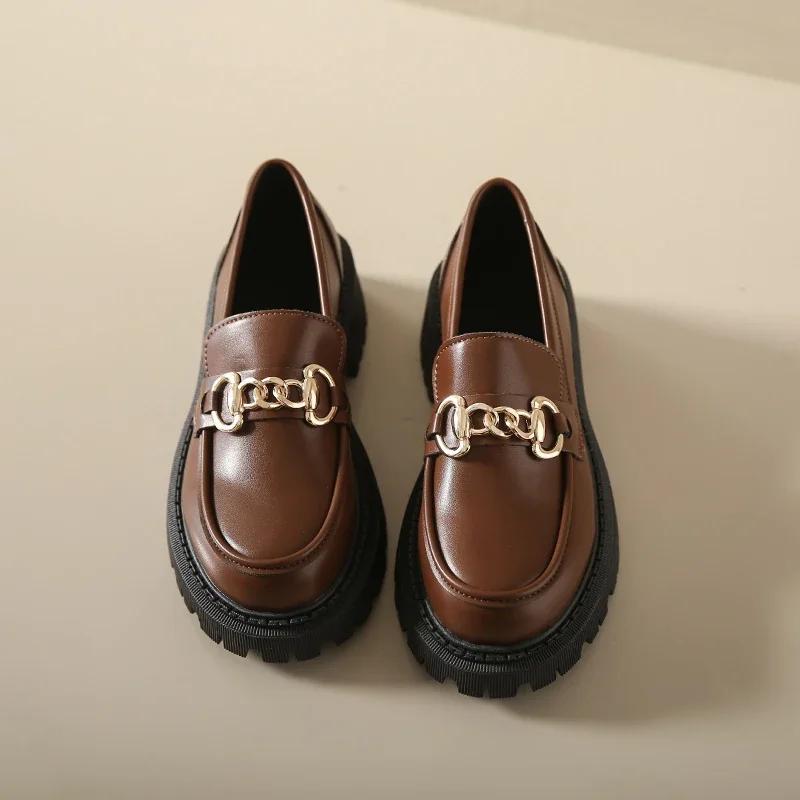 Толстые лоферы, женские туфли на платформе из натуральной коровьей кожи, с круглым носком, с металлической цепочкой, без шнуровки, женские туфли на плоской подошве, ручная работа, 2024