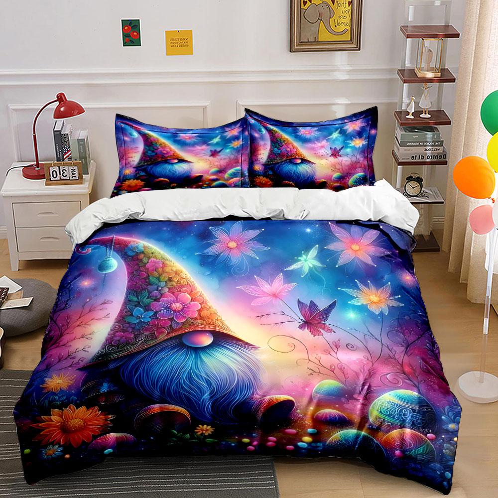 Colorful Gnome and Floral Set Bedding Duvet Cover Set Duvet Cover Pillowcases (1 * Duvet Cover 2 * Pillowcases, without duvet insert)