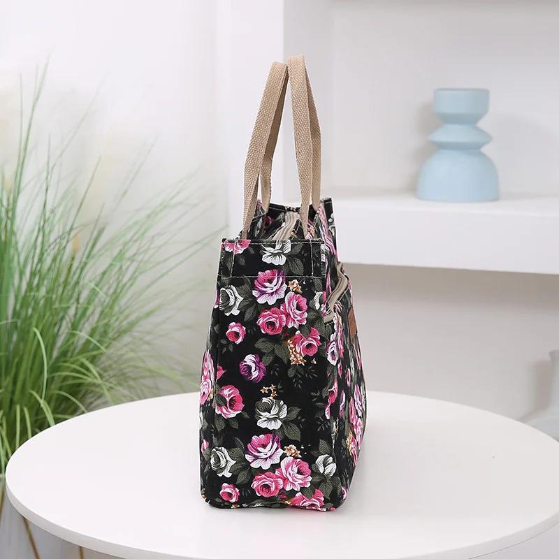 Fashion Floral Print Tote Bag Portable Canvas Lunch Bag Women's Casual Handbag Bento Mommy Shoulder Bag For Picnic Travel AVE