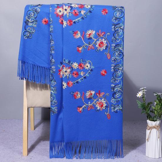 Winter Scarf Embroidery Flower Pattern Tassel Trim Long Scarf Ethnic Style Thickened Warm Women Shawl