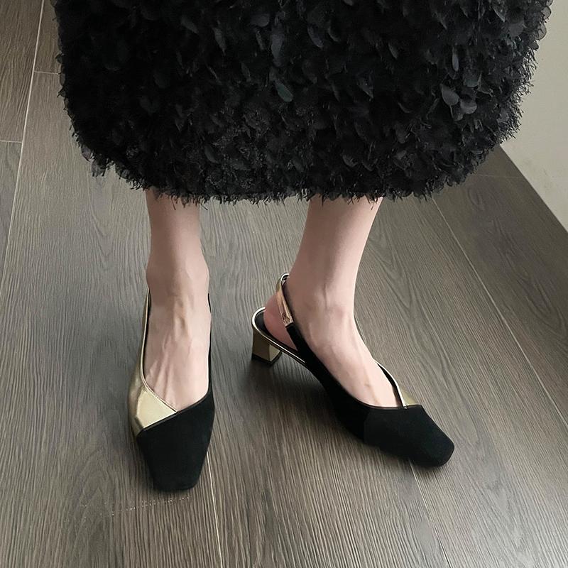 Модные ретро сандалии с цветными блоками, летние новинки, квадратный носок, мелкий вырез, ремешок через подъем, открытая пятка, нескользящий высокий каблук