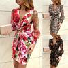 Women Long Sleeve V Neck Vestido Corto Estampado Dress Holiday