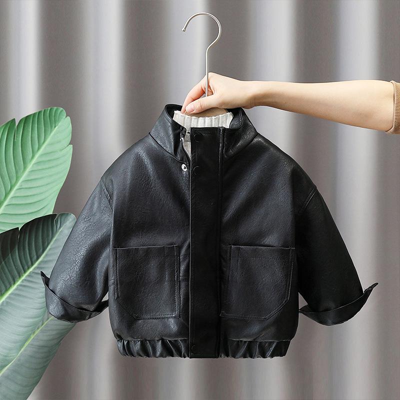 6675 Красная кожаная куртка для мальчиков: 2024 Детская плюшевая, толстая зимняя праздничная куртка с воротником-стойкой