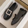 Women's Black Rhinestone Loafers - Genuine Leather, Autumn 2025 British Style Flat Shoes