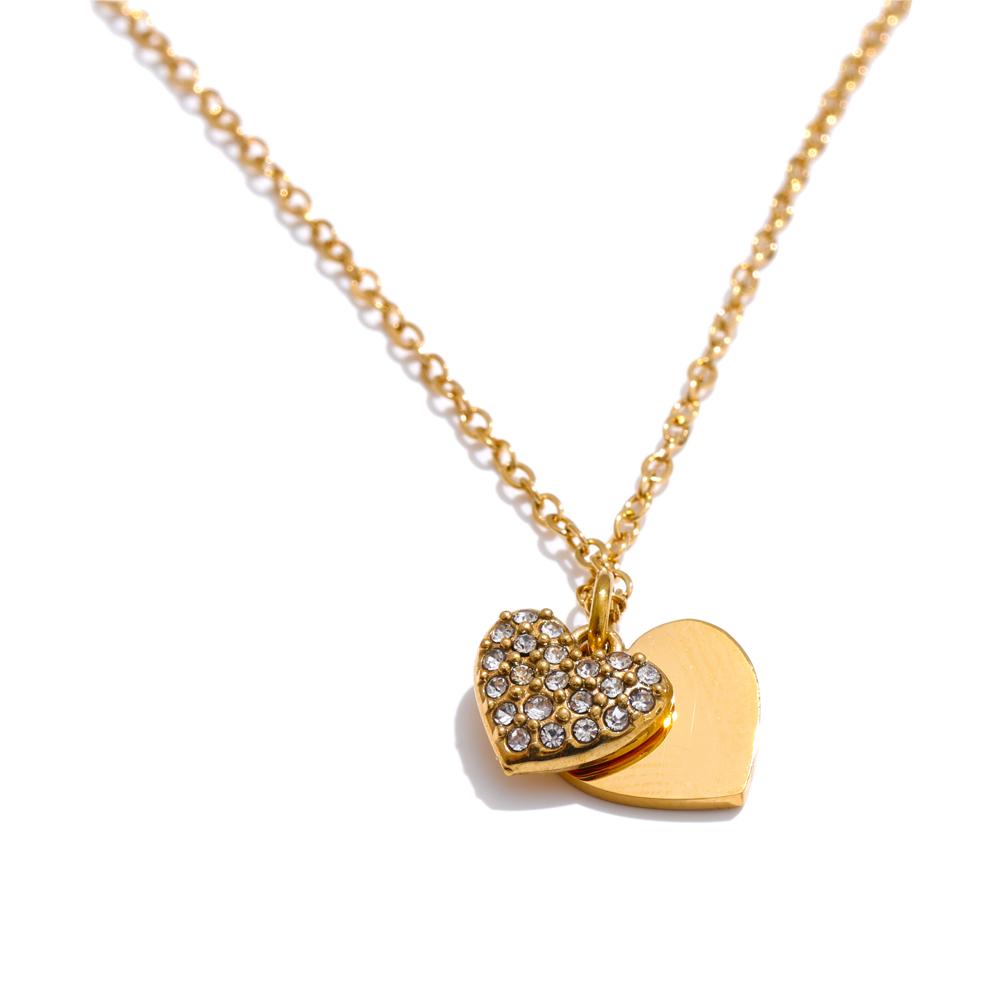 Yhpup Valentine's Day Gift Inlaid Zirconia Double-Layer Heart Love Pendant Necklace 316L Stainless Steel Romantic Charm Jewelry