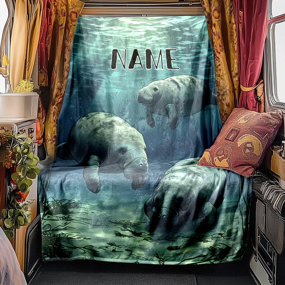Underwater Manatee Gathering In Sunlit Waters Blanketcustomize Your Name Lightweight Comfortable And Stylish Blanket For Travel Bed Home Chair Office