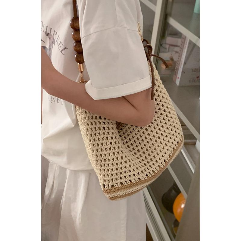 Mori Hollow Woven Bag Female, Lazy Wind Ins Korean Literary Tote Bag Beaded Large-capacity Shoulder Straw Bag