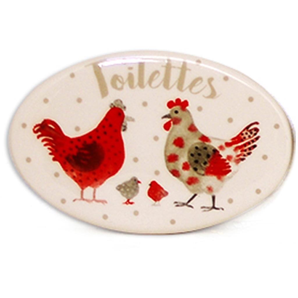 Les Trésors De Lily [R6618] - Ceramic Door Plate 'Hens' Red Beige (Bathroom) - 12x8cm