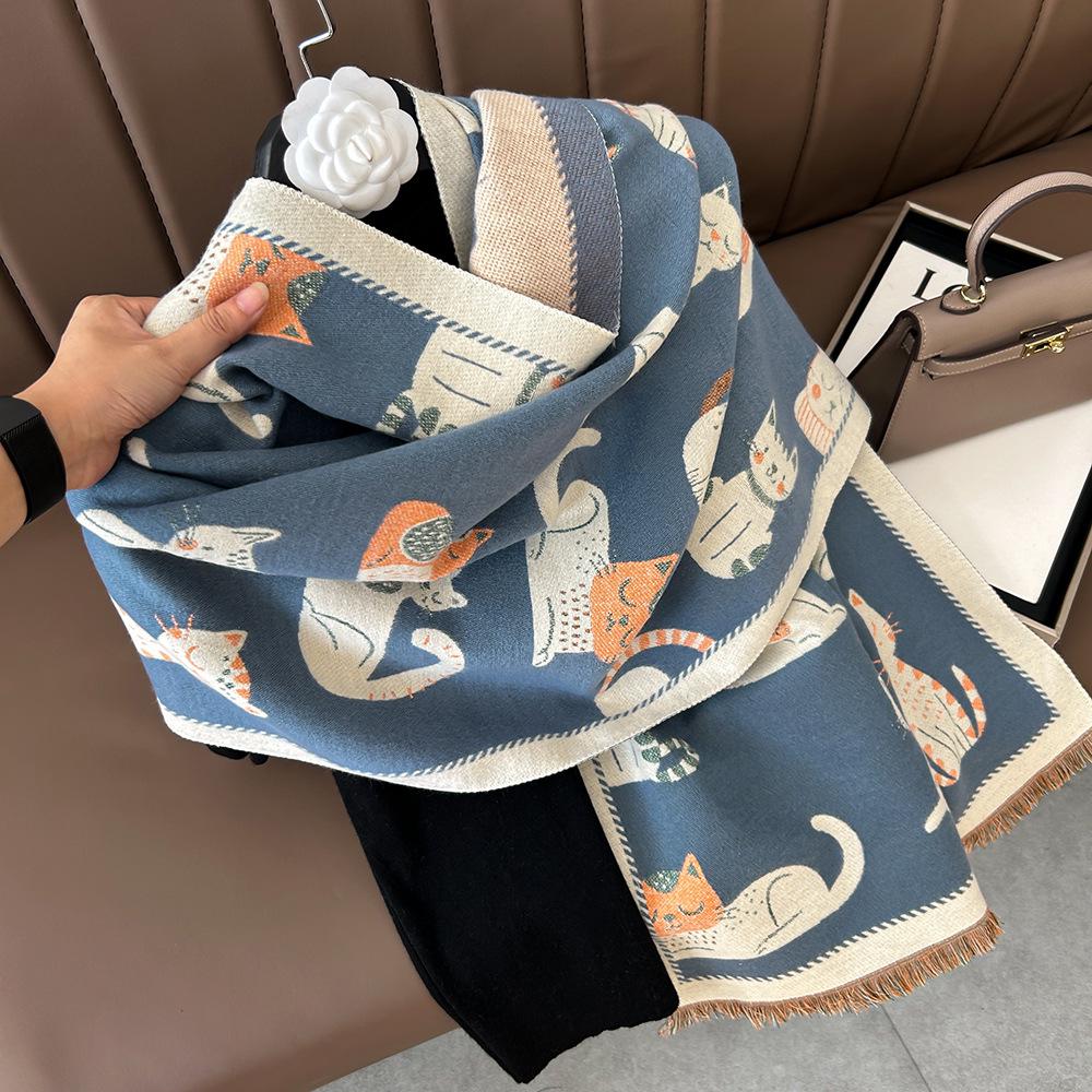 Двусторонний милый кашемировый шарф с котенком - Женский модный зимний шарф-шаль для согревания шеи