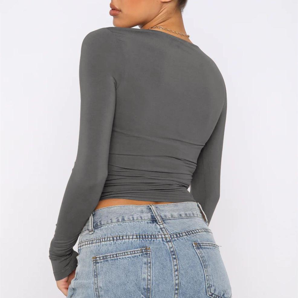 Женская одежда с круглым вырезом, уличная одежда, тонкие дышащие футболки с длинными рукавами, облегающие укороченные топы с подкладкой, сплошной цвет