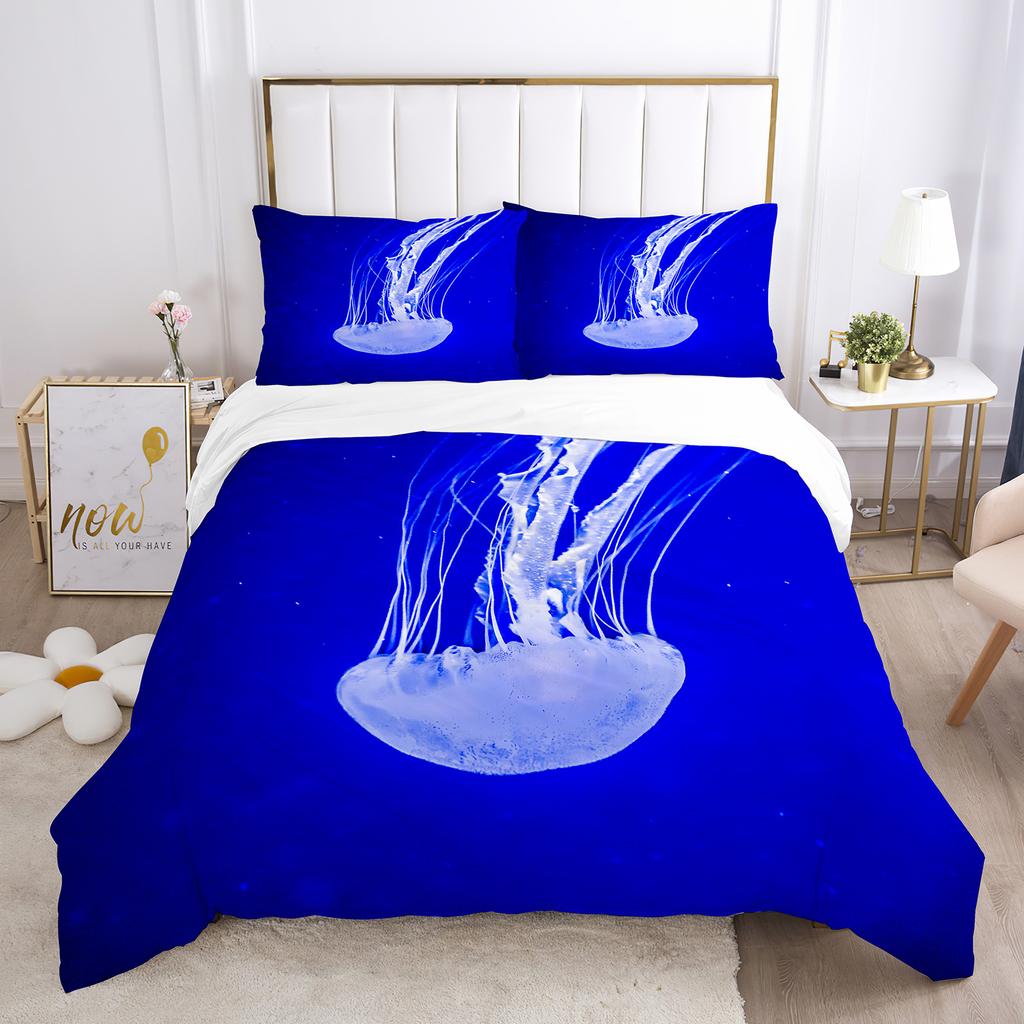 Jellyfish Duvet Cover Set Blue Sea Wild Animals Theme King Queen Size for Kids Teens Adult Polyester Bedding Set with Pillowcase